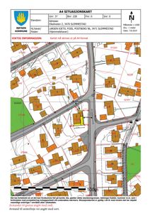 Situasjonskart som viser eiendomsgranser, naboeiendommer, veier og bygningsplasseringer i området.