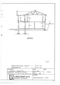Snittegning som viser tverrsnittet av en bygning med mål på fundament, vegger og takkonstruksjon.