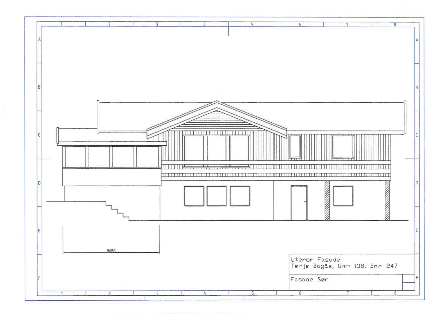 En tegning som viser fasaden på en bygning sett fra sør (Uterom Fasade, Fasad Sør).