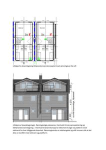 Bildet viser en fasadetegning (opprikk) av en bygning sett fra fronten, samt en tilhørende plantegning av etasjen over. Tegningene illustrerer utforming, høyder og plassering av vinduer og dører.