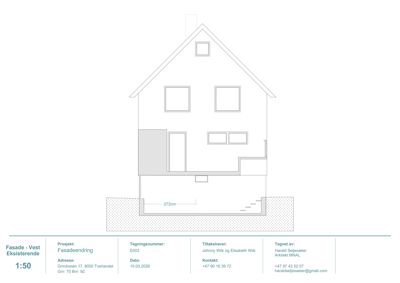 Fasadetegning som viser opprisset av en eksisterende bygning sett fra vest, inkludert vinduer, dører, takform og grunnmur.