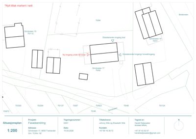 Situasjonsplan som viser tomtene, bygninger og gater i området rundt Grindveien 15, 17 og 19.