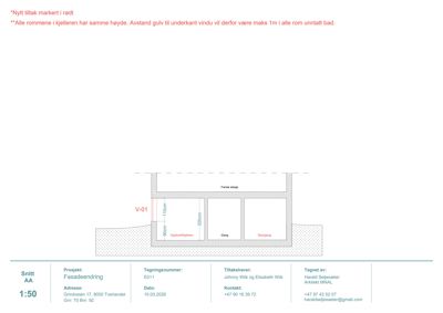 Snittegning som viser tverrsnitt gjennom en bygning med markerte høyder og rom (kjeller, gang, diskrump).