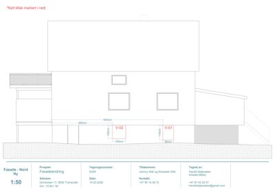 Fasade tegning (Nord) av en bygning med mål og detaljer for vinduer og tak.