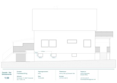 Fasadetegning som viser bygningens utseende sett fra sør, med dimensjoner og detaljer for vinduer og balkonger.