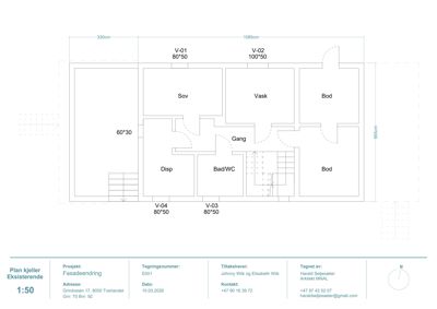 Etasjeplan for kjelleren i en eksisterende bygning, som viser romfordeling (soverom, bad, bod) og dimensjoner.