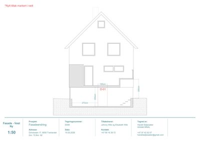 Fasadeendring tegning for vestfasaden av en bygning, med oppriss av nytt tiltak (tiltak markert i rødt).