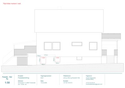 Fasade tegning (Sør) med dimensjoner og markerte tiltak.