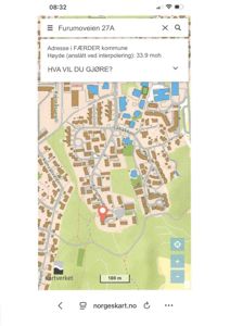 Et digitalt kart fra norgeskart.no som viser adressen Furumoveien 27A i Færder kommune, inkludert omgivelsene, veinett og høyde.
