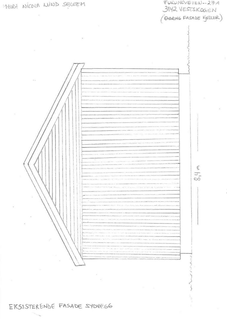 En håndtegnet fasadetegning som viser eksisterende vestgave med mål og tekstbeskrivelser.