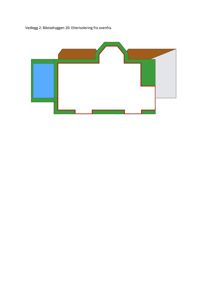 En tegning som viser et snitt gjennom en bygning (båstadryggen) for å illustrere hvordan etterisolering utføres fra ovenfra.