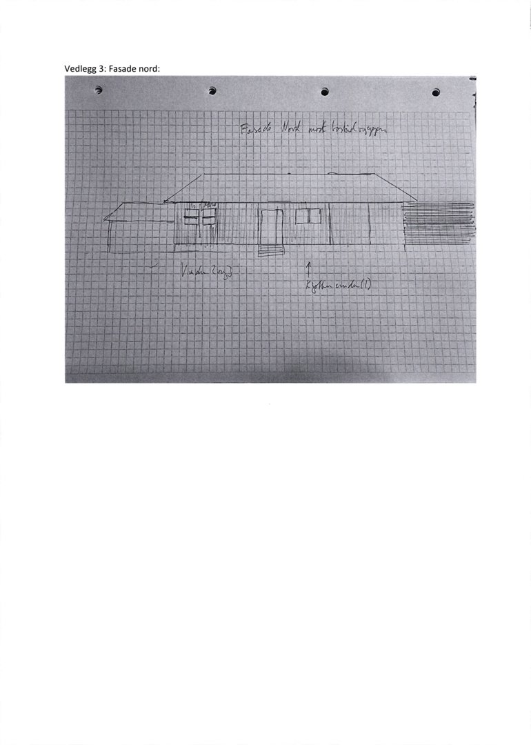 En håndtegnet fasadetegning (fra nord) av en bygning, tegnet på miller-papir.