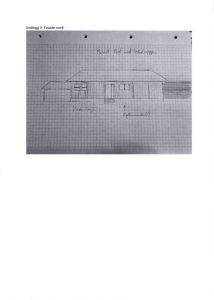 En håndtegnet fasadetegning (fra nord) av en bygning, tegnet på miller-papir.