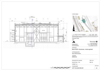 Snittegning av en bygning som viser konstruksjon, høyder og romfordeling.