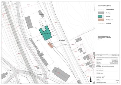 Situasjonsplan som viser tomtens grenser, eksisterende og nye bygg (motorvognhall, dieseltank), samt infrastruktur som jernbanespor og veier.