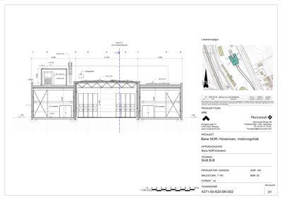 Snittegning (Snitt B-B) av en motorvognhall med høydeangivelser og konstruksjonsdetaljer.
