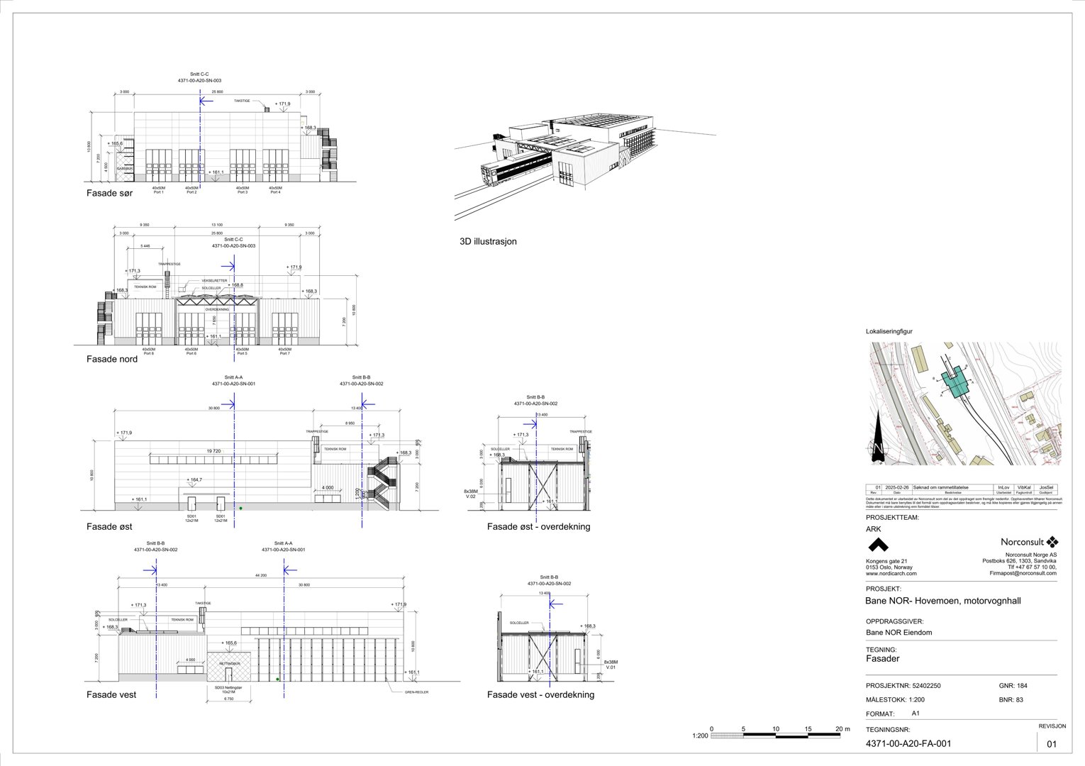 Bildet viser en samling fasadetegninger (Fasade sør, nord, øst, vest) samt en 3D-illustrasjon av bygningens utseende.