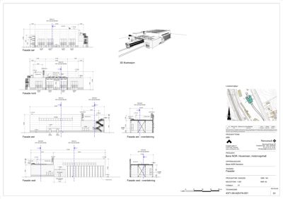 Bildet viser en samling fasadetegninger (Fasade sør, nord, øst, vest) samt en 3D-illustrasjon av bygningens utseende.