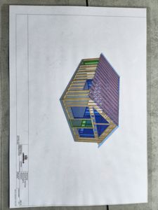 3D-visualisering av en huskonstruksjon med eksponert takstruktur og vindusoppsett.