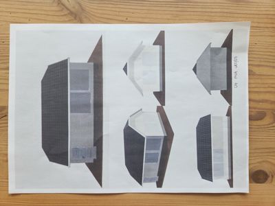 Et ark med fire 3D-visualiseringer av en bygning sett fra ulike vinkler.