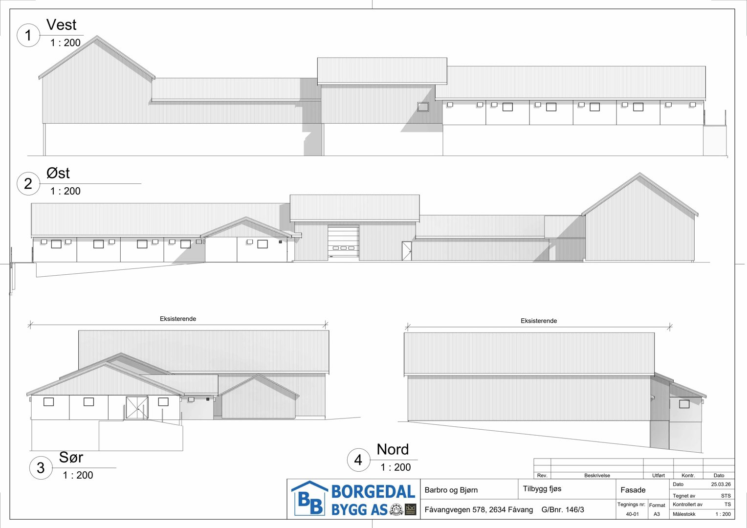 Fasadetegning som viser bygningens utseende fra fire sider: Vest, Øst, Sør og Nord. Tegningen inkluderer eksisterende og nytt bygg med målestokk 1:200.