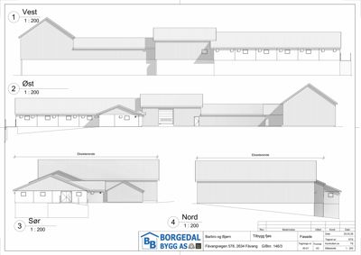 Fasadetegning som viser bygningens utseende fra fire sider: Vest, Øst, Sør og Nord. Tegningen inkluderer eksisterende og nytt bygg med målestokk 1:200.