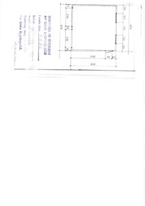 Tegning som viser en teknisk detaljering av en bygning med målinger og godkjenningsstempel.