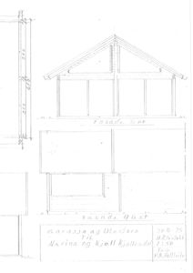 Tegning som viser fasadeopprikk for en garasje og uteslove sett fra sør og vest.