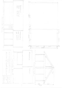 Tegning som viser fasadeoppsettet for en bygning med oppgitt mål og romfordeling (Garasje, Hagestue).