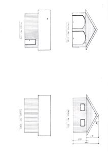 Fasadetegning som viser bygningens utseende fra fire sider (NORD, SYD, ØST, VEST) med mål og detaljer.