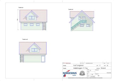 Fasadetegning som viser oppriss av bygningens sider (vest, øst og nord) med detaljer om vinduer, dører, trapper og takform.