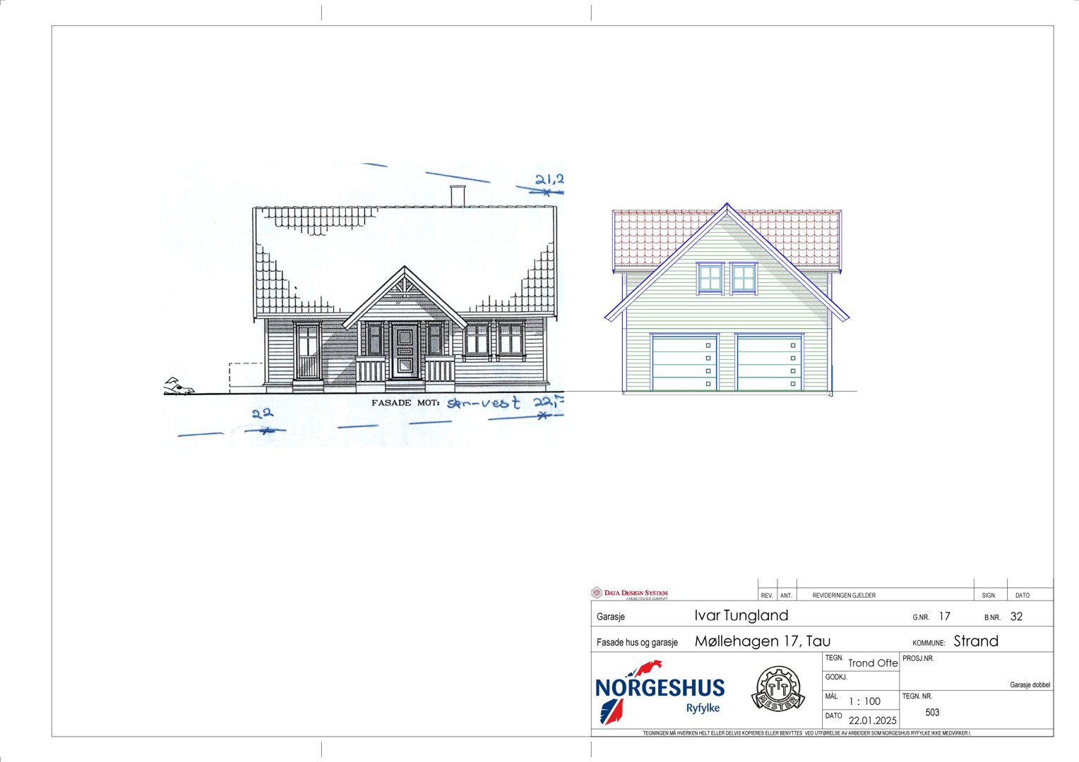 Fasadetegning som viser fronten på et hus med garasje. Tegningen inneholder både en svart-hvit utgave og en farget visualisering.