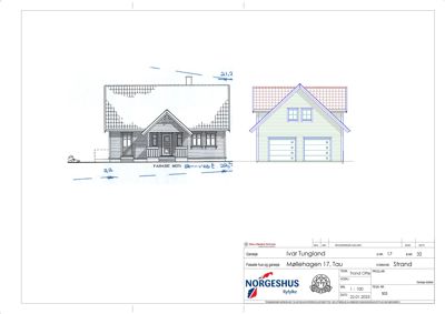 Fasadetegning som viser fronten på et hus med garasje. Tegningen inneholder både en svart-hvit utgave og en farget visualisering.