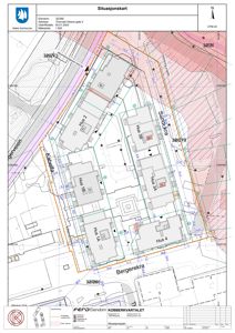 Situasjonsplan som viser tomtens grenser, nabolag, veier og plassering av flere hus (Hus 1A, 1B, 2, 3A, 3B, 4) med mål og orientering.