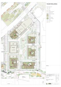 Situasjonsplan som viser flere bygninger (Bygg 1A, 4, 18, 35) plassert på en tomt med omgivende gater og beplantning.