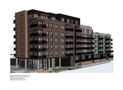 3D-visualisering av en fleretasjers bygning med fasadebehandling, balkonger og grunnplan.