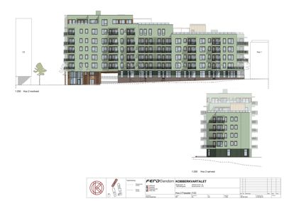 Fasadetegning som viser bygningens utseende fra nordvest og sørvest.