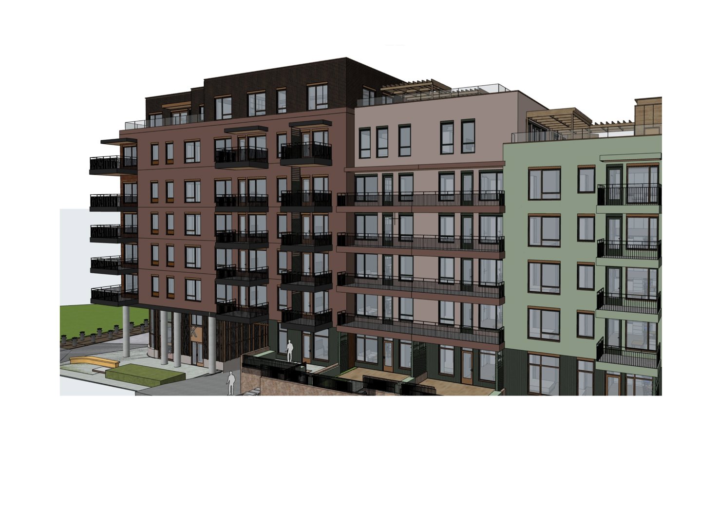3D-visualisering (rendering) av en fleretasjers bygning med fasade, balkonger og omgivende terreng.