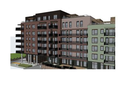 3D-visualisering (rendering) av en fleretasjers bygning med fasade, balkonger og omgivende terreng.