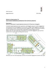 Etasjeplan (plankart) som viser plassering av fire nye bolighus (HUS 1-4) i forhold til byggegrenser og reguleringsbestemmelser.