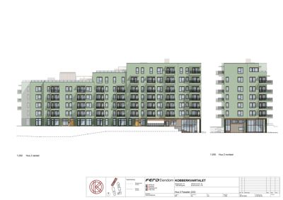 Fasadetegning som viser fronten og siden av et fleretasjes bygg (Hus 2) med detaljer om vinduer, balkonger og inngang.