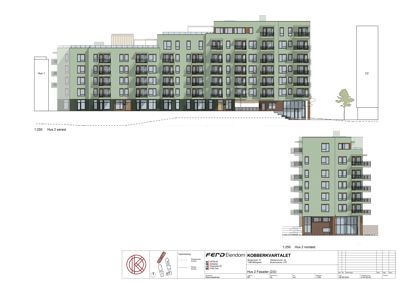 Fasadetegning som viser fronten av et fleretasjes boligbygg (Hus 2) med balkonger og vinduer, samt en mindre detaljert tegning av samme bygning sett fra siden.