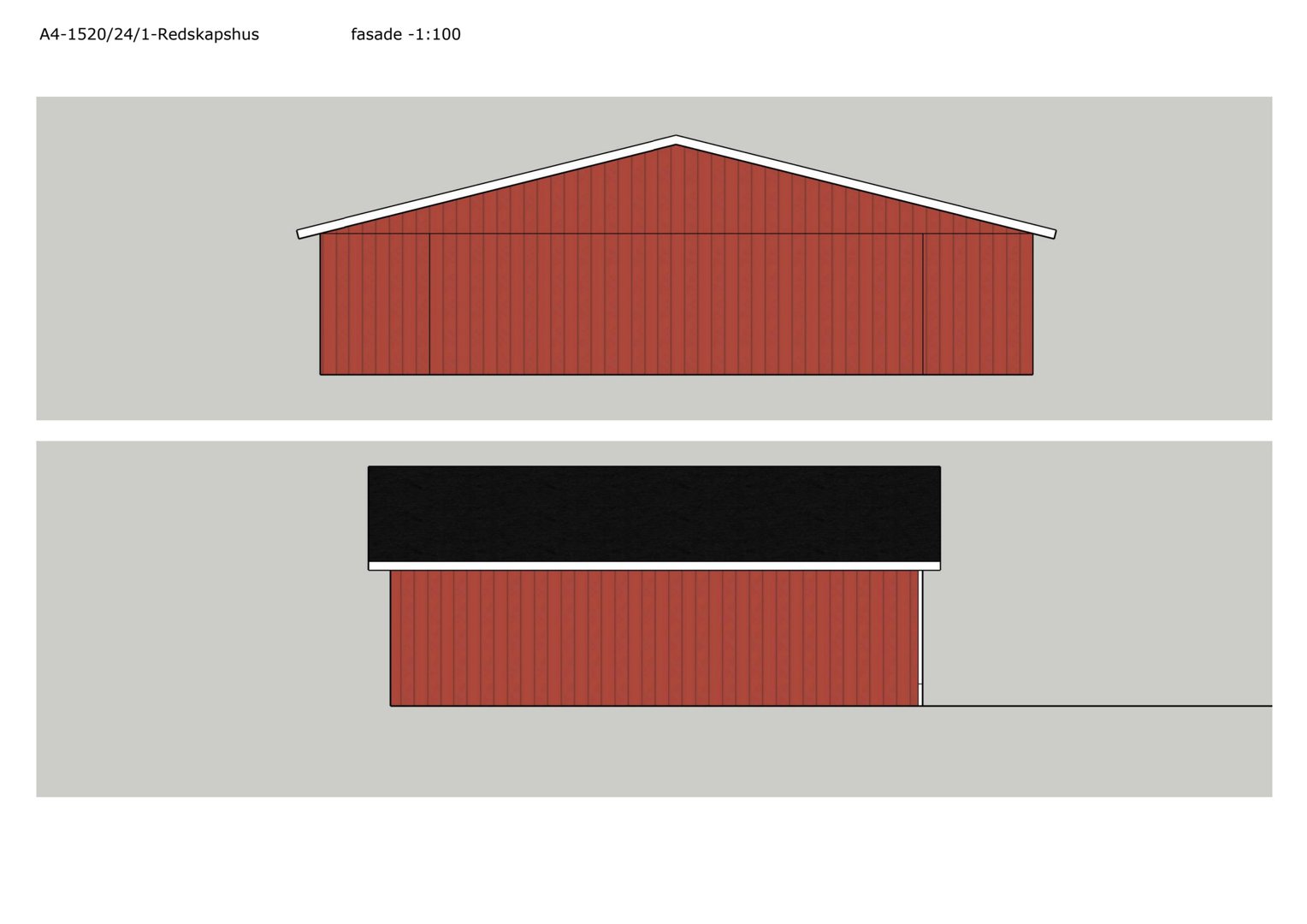 Fasadetegning av et redskapshus med skråtak og detaljert visning av fasadematerialer.