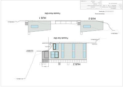 Fasadetegning som viser utsiden av to hus (HUS 1 og HUS 2) sett fra nord og øst, med høydemål og detaljer om vinduer og tak.