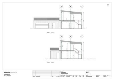 Snittegning (Snitt A) av to hus (Hus1 og Hus2) som viser innvendige høyder, trapp og romfordeling.