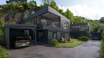 3D-visualisering av en moderne, mørk villa med garasje og hage, sett fra et lavt vinkel.