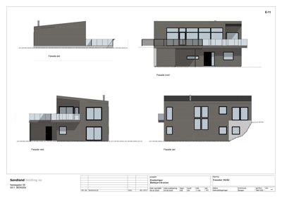 Fasadetegning som viser bygningens utseende fra fire sider (øst, nord, vest, sør).