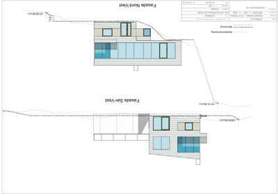 Fasadetegning som viser bygningens utseende sett fra nord/vest og sør/vest, inkludert vinduer, materialer og terrengforhold.
