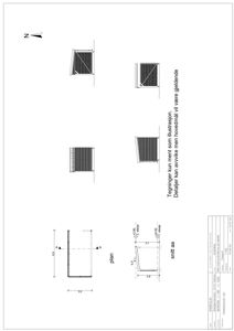 Tegning som viser detaljerte oppriss (plan og snitt) av en gjerdekonstruksjon med mål og en nordpil.