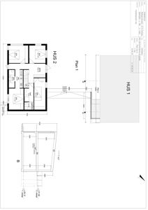 Etasjeplan (HUS 1 og HUS 2) med romfordeling, dører, vinduer og dimensjoner.